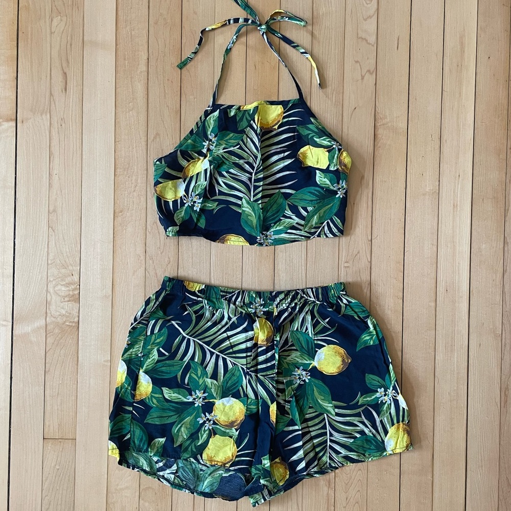 Tropical Lemon & Leaf Pattern Matching Halter Top Set